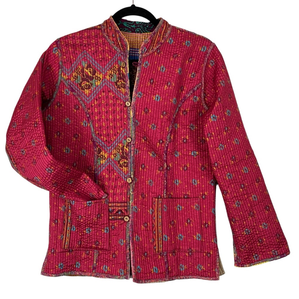 Like New Boho Indian Kantha Quilted Patchwork Silky Reversible Jacket - Picture 2 of 11